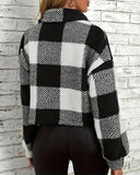 Plaid Pattern Turn down Collar Button Front Teddy Coat