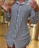 Striped Side Drawstring Buttoned Shirt Dress