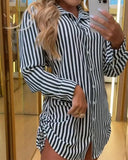 Striped Side Drawstring Buttoned Shirt Dress