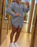 Striped Side Drawstring Buttoned Shirt Dress