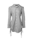 Striped Turn down Collar Long Sleeve Dress Button Drwastring  Shirred Dress