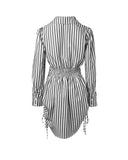 Striped Turn down Collar Long Sleeve Dress Button Drwastring  Shirred Dress