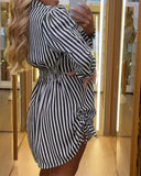 Striped Button Down Shirt Dress Back Shirred Long Sleeve Side Drawstring Mini Dresses