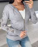 Beaded Decor Lace Patchwork Long Sleeve Zip up Cardigan Hooded Top