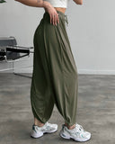High Waist Elastic Dtrawstring Cuffed Pants Casual Loose Fit Ruched Pants
