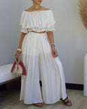 Off the Shoulder Layered Trim Waist Jumpsuit Casual Wide Leg Romper