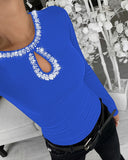 Rhinestone Decor Keyhole Neck Hollow Water Drop Ribbed Top Long Sleeve Slim Fit Layering Top