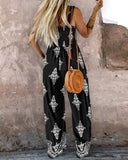 Graphic Print Square Neck Thick Strap Shirred Jumpsuit Wide Leg Overalls with Pockets