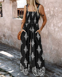 Graphic Print Square Neck Thick Strap Shirred Jumpsuit Wide Leg Overalls with Pockets