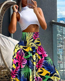 Coconut Tree Print Shirred Wide Leg Pants