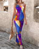 Colorblock Tie Dye Print Pleated Cami Maxi Dress