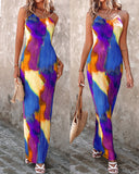 Colorblock Tie Dye Print Pleated Cami Maxi Dress