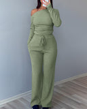 2 Piece Skew Neck Long Sleeve Pullover Ribbed Top & Stretchy Tied Detail Waist Pants Outfits Set