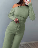 2 Piece Skew Neck Long Sleeve Pullover Ribbed Top & Stretchy Tied Detail Waist Pants Outfits Set