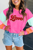 Rose Red Chenille Love Patched Colorblock Long Sleeve Crewneck Top