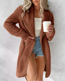 Contrast Binding Lapel Teddy Coat Open Front Longline Winter Outwear Jackets with Pockets