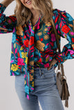 Green Floral Knot Split Neck Puff Sleeve Blouse