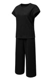 Black Solid Color Textured Short Sleeve Top and Casual Pants Set