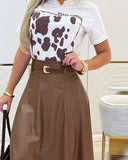 High Waist A Line Midi Skirt Casual Faux Leather Pleated Skirt