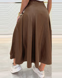 High Waist A Line Midi Skirt Casual Faux Leather Pleated Skirt