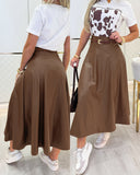 High Waist A Line Midi Skirt Casual Faux Leather Pleated Skirt
