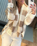 Plaid Pattern Open Front Batwing Sleeve Teddy Coat