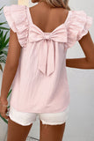 Gossamer Pink Textured Bow Knot Frilled Butterfly Sleeve Blouse