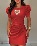 Round Neck Puff Sleeve Love Diamonds Hollow out Faux Two Piece Romper