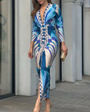 Geometric Print Plunge V Neck Long Sleeve Bodycon Midi Dress Casual Slim Fit Ruched Slit Dress