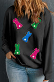 Black Sequin Edge Chenille Easter Bunny Graphic Plus Size Sweatshirt