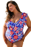 Blue Floral Print Ruffled V Neck High Waist One Piece Swimwear