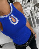 Rhinestone Contrast Sequin Keyhole Neck Sleeveless Slim Fit Elasticity Ribbed Top Elegant Tank