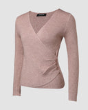 V Neck Ruched Side Button Decor Knit Sweater Slim Fit Pullover Top