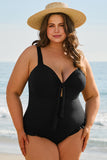 Black Plus Size Textured Knotted Ruffled Trim One Piece Swimwear