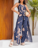 Plants Print Halter Lace Up Jumpsuit Casual Waist Tied Detail High Slit Romper