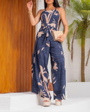 Plants Print Halter Lace Up Jumpsuit Casual Waist Tied Detail High Slit Romper