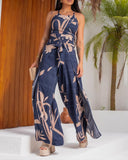 Plants Print Halter Lace Up Jumpsuit Casual Waist Tied Detail High Slit Romper