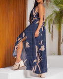 Plants Print Halter Lace Up Jumpsuit Casual Waist Tied Detail High Slit Romper