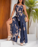 Plants Print Halter Lace Up Jumpsuit Casual Waist Tied Detail High Slit Romper