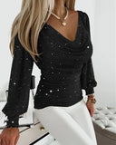 Glitter Cowl Neck Long Sleeve Blouse Ruched Waist Pullover Shirt