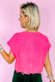 Bright Pink Distressed Hem Short Sleeve Knitted Button Front Sweater