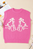 Bright Pink Western Horse Embroidered Round Neck Sweater Tee