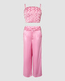 2 Pieces Outfit Weaving Textured Spaghetti Strap Crop Top and Casual Wide Leg Pants Set