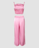2 Pieces Outfit Weaving Textured Spaghetti Strap Crop Top and Casual Wide Leg Pants Set