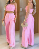 2 Pieces Outfit Weaving Textured Spaghetti Strap Crop Top and Casual Wide Leg Pants Set