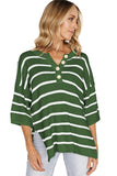 Green Stripe Henley Buttoned Placket Drop Shoulder Bracelet Sleeve Knit Sweater Tee