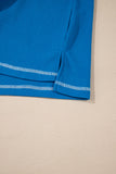 Sky Blue Lace Floral Patchwork Sleeve Stitching V Neck Rib Knit Blouse