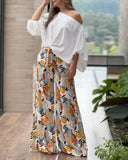 2 Pieces Outfits Cold Shoulder Batwing Sleeve Top amd Casual Floral Print Pocket Design Wide Leg Pants Set