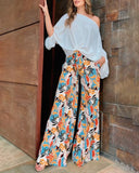 2 Pieces Outfits Cold Shoulder Batwing Sleeve Top amd Casual Floral Print Pocket Design Wide Leg Pants Set