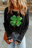 Black Sequin Four Leaf Clover Contrast Lettuce Trim Long Sleeve Top